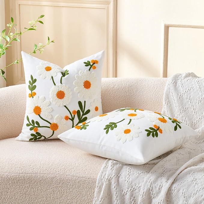 Embroidered Floral Throw Pillow Covers Decorative Tufted Couch Pillow Covers White Flowers Farmhouse Pillow Covers 20x20 Square Summer Cushion Cases Set of 2 for Living Room Couch Sofa Bed Home Decor