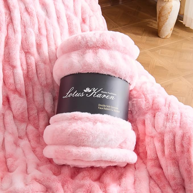 Lotus Karen Faux Fur Throw Blanket, 900 GSM Dual-Sided Soft Ruched Twin Blanket for Couch, Fluffy Cozy Fuzzy Plush Throw Gifts for Women Man Bedroom Living Room (Tie-Dye Pink, 60"x80")