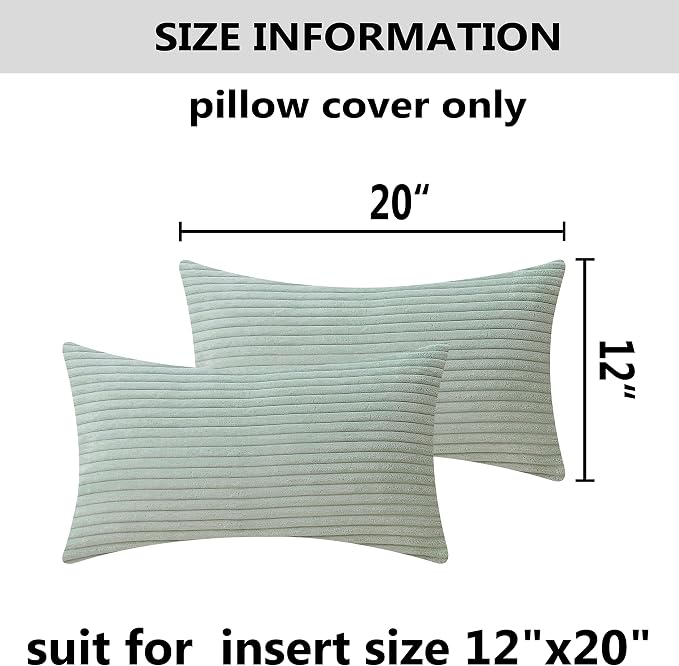 Home Brilliant Sage Green Lumbar Pillow Cover Corduroy Plush Velvet Oblong Decorative Rectangle Pillowcases for Bed Couch Sofa Summer Decor, Set of 2, 12 x 20 inches(30x50cm), Mint