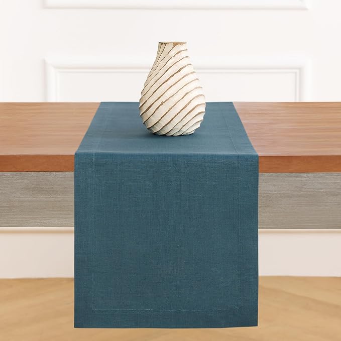Solino Home 100% Linen Table Runner Peacock Blue Woven, Fete 14 x 72 in | brings a tailored look to family meals and hosting, European flax fibres, naturally breathable, soft, OEKO-TEX Certified