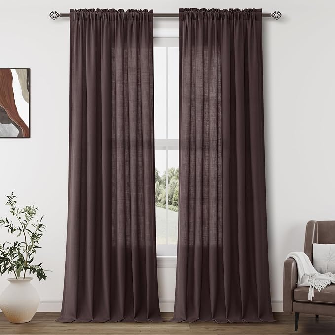 Coffee Brown Linen Curtains 90 Inches Long Rod Pocket Semi Sheer Dining Room Cozy Bedroom Decor Cotton Look Country Rustic Farmhouse Boho Curtains 2 Panel Set,52x90