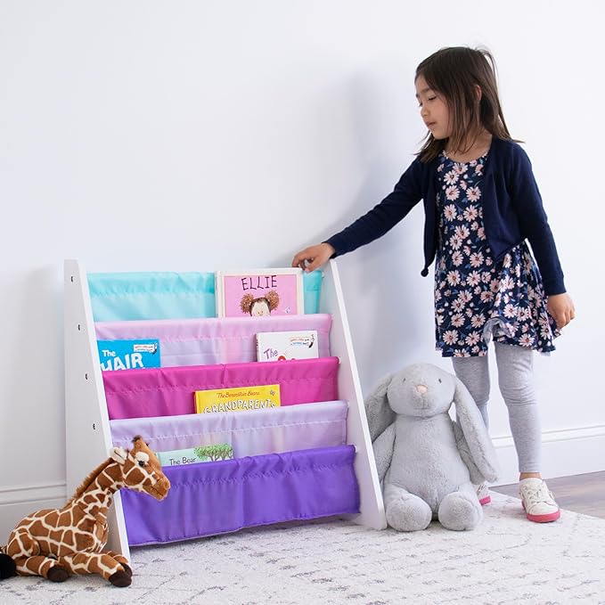 Humble Crew Kids Bookshelf, Montessori Front Facing Toddler Bookcase 4 Tier | Book display rack and reading nook organizer, nylon pockets show covers face out, compact for any playroom or bedroom space