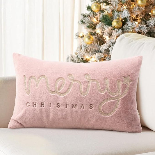 Faux Fur Merry Christmas Pillow Covers 18x18,Gold Embroidered Christmas Throw Pillow Covers Christmas Decorations Holiday Pillows for Home Couch,Pink Blush/Gold