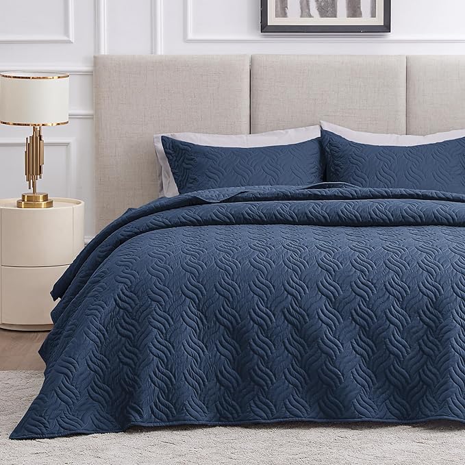 Love's cabin Quilts for Queen Bed Navy Blue Bedspreads - Soft Bed Summer Lightweight Bedspread Comforter - Modern Style Wave Pattern Coverlet for All Season - 3 Pieces (1 Quilt, 2 Pillow Shams)