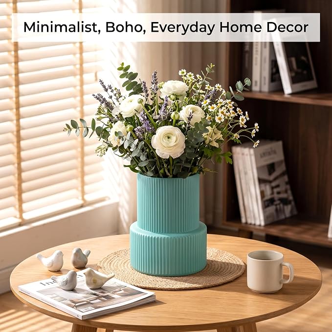Green Ribbed Glass Vase, Modern Design Flower Vase | Home Decor for Living Room, Dining Table, Entryway, Office, Wedding Centerpieces