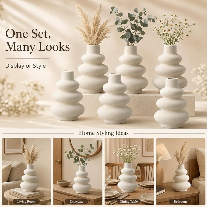 Ceramic Flower Vase Home Decor Small Vase Set of 6 Centerpieces for Tables | Farmhouse Vases Rustic Vintage Living Kitchen Bedroom Decorations for House Book Shelf Office Coffee Desk Dining Fireplace