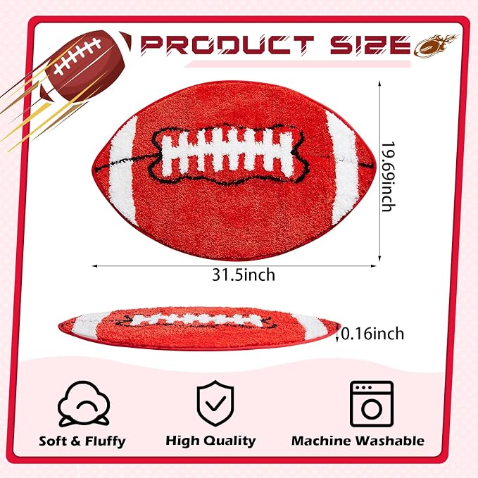 Funtery Football Rug for Boys Room Decor 32x20" Non Slip Absorbent Sports Soft Carpet Field Sports Area Rug Washable Touchdown Mat for Bathroom Playroom Athlete Back to School(Red, Football)