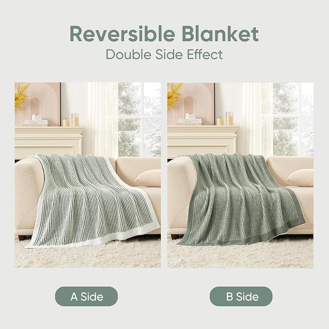 Snuggle Sac Warm Throw Blanket for Couch, Fuzzy Microfiber Knit Stripe Blankets for Couch, Sofa, Travel, Green Cream, 50x60 inches