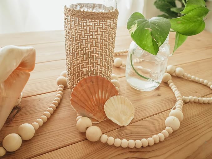 7ft Wooden Beads Garlands, Xmas Bead Garland Round Craft Bead, Wall Hanging for Country Natural Holiday Christmas Tree, Wooden Beads for Home Décor 2 Ball Design (Natural Wood)