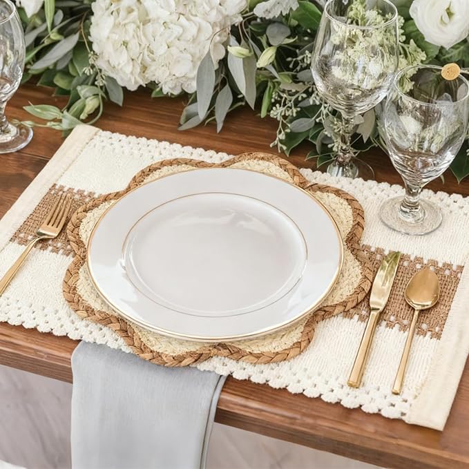 4pc Sunflower Rattan Placemat Set, Woven Boho Table Mats, Natural | 4 cotton runners (24x11") & 4 woven mats. Heat-resistant & eco-friendly. Perfect for boho, farmhouse decor & parties.