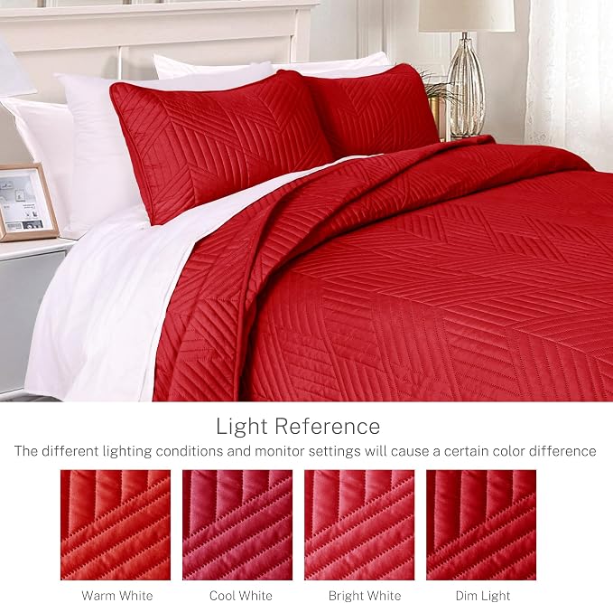 Exclusivo Mezcla Ultrasonic Twin Quilt Bedding Set, Red | Lightweight Bedspreads, Soft Microfiber, Modern Geometric Coverlet, All Season Bed Cover, 1 Quilt and 1 Pillow Sham