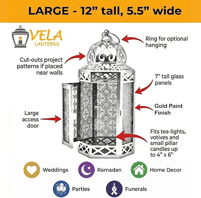 Vela Lanterns 12" Metal Moroccan Decorative Candle Lantern Holders for Hanging or Table, Indoor Home Decor, Outdoor Patio or Porch, Weddings, Gold, Green Glass, Large