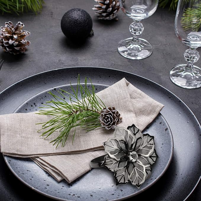 Picowe Set of 12 Alloy Napkin Rings with Hollow Out Flower Napkin Ring Holders for Wedding Party Holiday Banquet Christmas Dinner Delicate Serviette Buckles Decor Favor (Gun Metal)