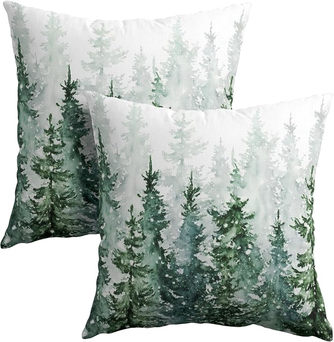 Winter Forest Pillow Covers 22x22 Inch 2Pcs Watercolor Green Misty Pine Tree Nature Landscape Throw Pillows Cover Mountain Square Cushion Cover for Home Sofa Patio Living Room