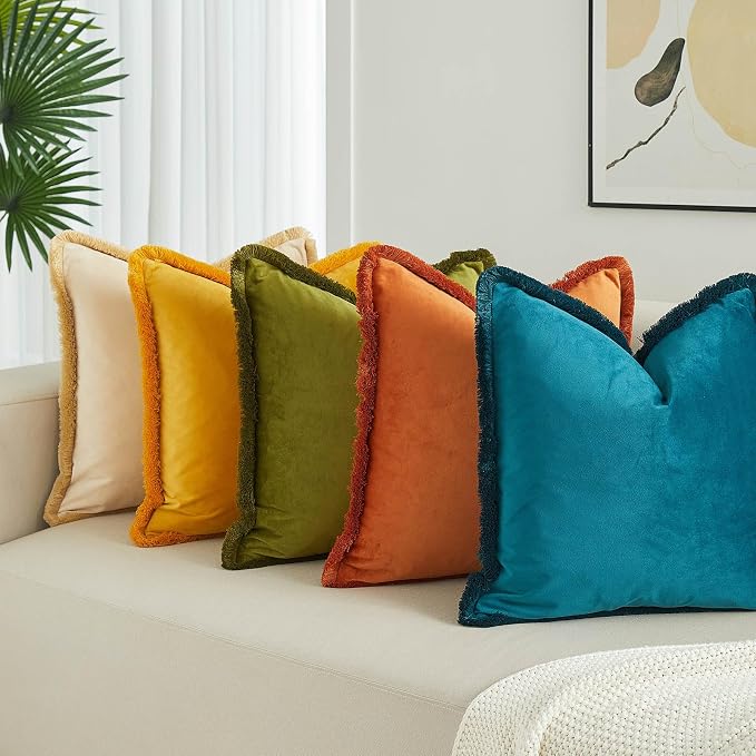 JUSPURBET Pack of 2 Rust Decorative Fringe Velvet Throw Pillow Covers 26x26 for Home Decor Living Room Bedroom Car Boho Soft Cushion Cover with Hidden Zipper Machine Washable