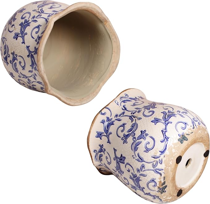 Retro Distressed Ceramic Pots, Antique Crackle Glaze Planters w/ Drainage | Blue and White Chinoiserie Pottery Vase for Indoor Outdoor Plants, Living Room Balcony Office Decor, Gardening Gifts