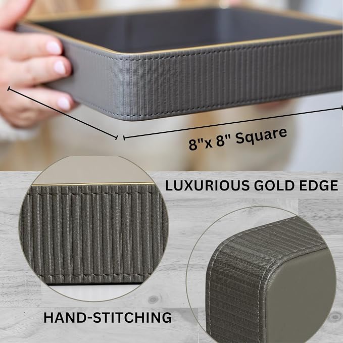 Gray Nightstand Bedside Organizer Tray|Key Bowl for Entryway Table| Bowl for Keys and Wallet Catch All|Small Leather Valet Tray Desk Organizer|EDC Trinket Catchall Key Holder Bowl|Key Basket or Dish