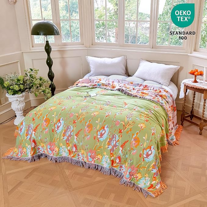 MSGKV Boho Throw Blanket 50"x60" 100% Cotton Butterfly Muslin Throw Blanket | 100% Cotton Muslin, Butterfly Throw Blanket, Reversible Weave, Soft & Breathable, Rose Garden Accent, Machine Washable