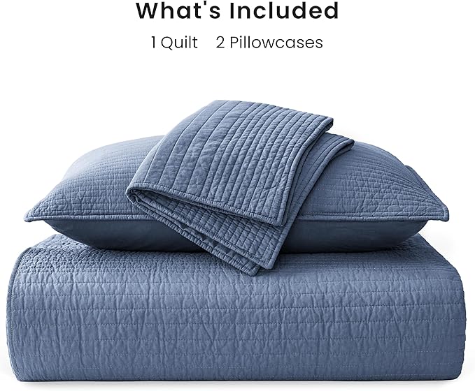 Love's cabin King Size Cotton Quilt Set, 100% Cotton Fabric Striped Textured Coverlet with Crinkled Look, Lightweight Quilted Bedspread for All Season, Includes 2 Pillow Shams, Bluish Grey | Lightweight