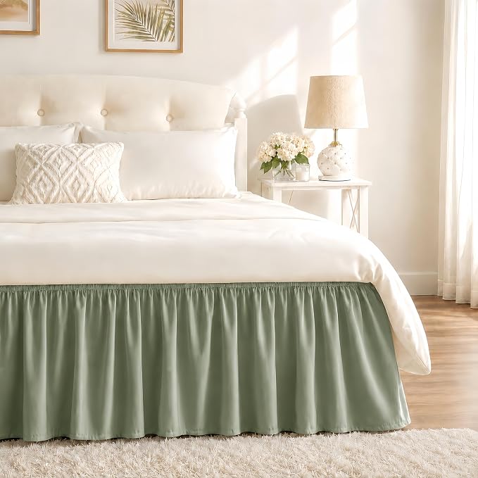 Sage Green Bed Skirt Full Size 15" Drop, Elastic Wrap Around Bedskirt | Solid Ruffled, Easy to Use, No Mattress Lifting, Wrinkle & Fade Resistant, with Adhesive Strips, Machine Wash/Dry/Iron