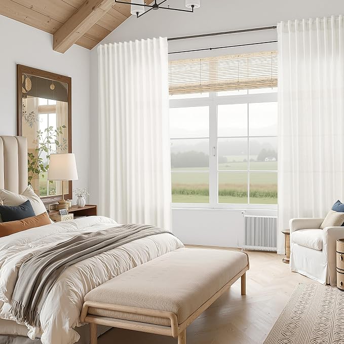 Neutral Linen Curtains 72 Inches for Living Room Light Filtering Semi Sheer Curtains Coastal Modern Farmhouse Decor Drapes for Bedroom Office Back Tab and Rod Pocket 52x72, 2 Panels