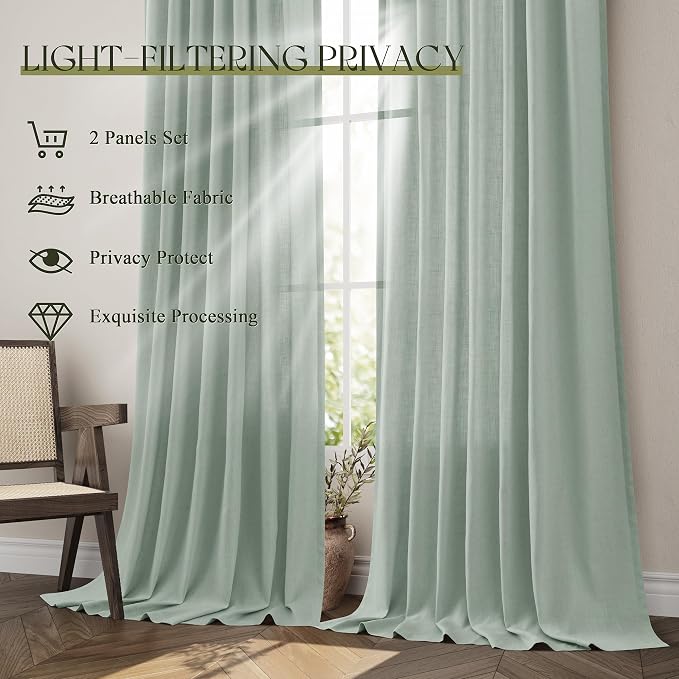 Jowels Aqua Green Linen Curtains 84 Inch Long 2 Panels for Living Room | Light Filtering Semi Sheer Curtain, Back Tab Pocket Pleated Look, Boho Farmhouse Textured Privacy Drapes for Bedroom Window