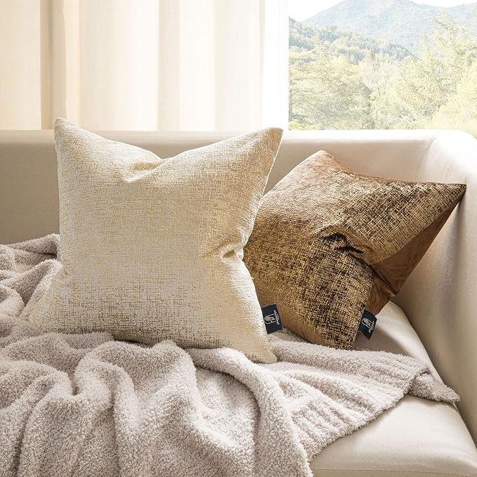 Phantoscope Pack of 2 Sparkling Velvet Decorative Solid Throw Decorative Pillow Cover Soft Gold Glitter Square Cushion Cover Pillowcase for Couch Bed and Chair, Beige, 18 x 18 inches, 45 x 45 cm