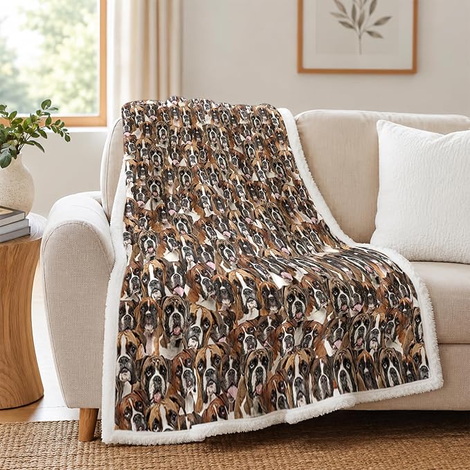 BlessLiving Throw Blanket, Brown Dog Animal Gift, 60x80 in | sherpa fleece fabric, Boxer Dense Pet Blankets Puppy Lovers print, for couch or sofa, pet lovers, easy machine care