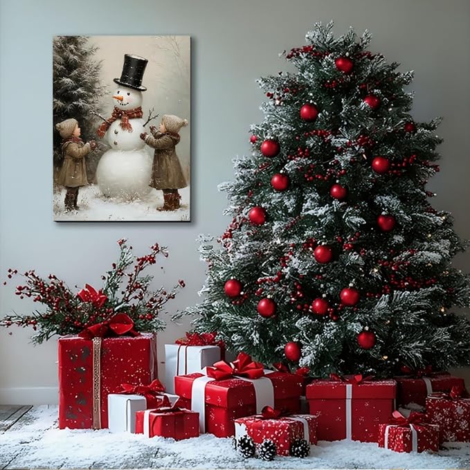 Framed Christmas Decoration 16x24 inch, Vintage Christmas Snowman Boys Xmas Wall Art Prints, Vintage Christmas Pictures Artwork, Farmhouse Christmas Wall Decor for Home Indoor