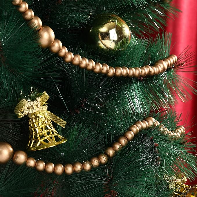 12 Feet Summer Christmas Wooden Beads Garland Round Craft Farmhouse Vintage Christmas in July Wood Bead Garlands for Xmas Supplies(Gold)