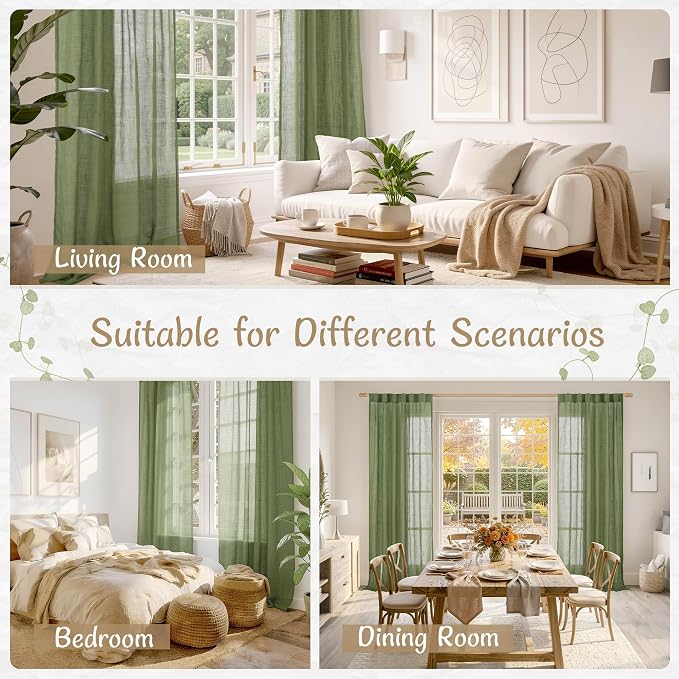 Light Filtering Semi Sheer Linen Curtains 72 Inch Length, Sage Green | Living Room, Curtains for Bedroom, Farmhouse, Spring Decor, Window Drapes, Back Tab Rod Pocket, 2 Panels, 34 x 72 Inch