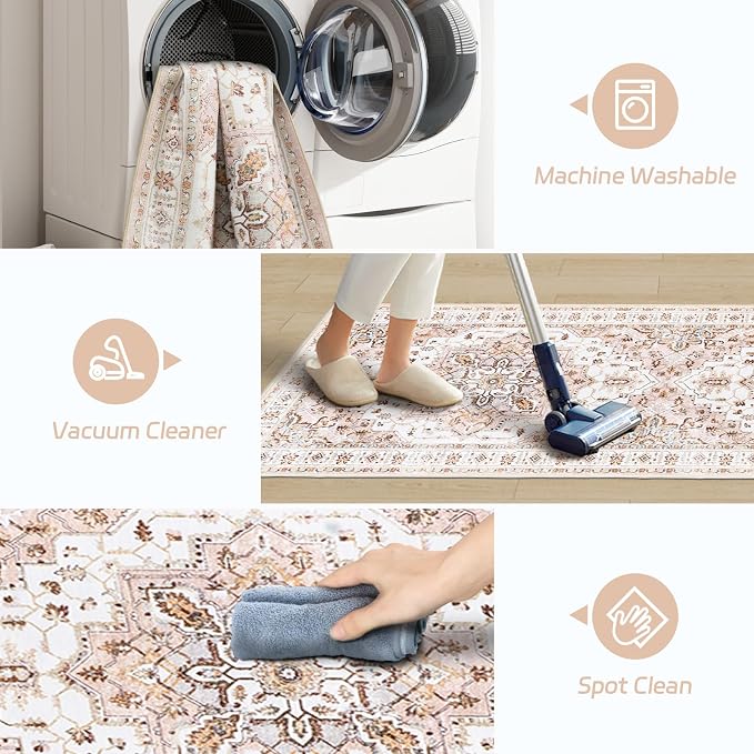 Madane Kitchen Runner 2'6''x8' Soft Rug Runners for Hallways, Pink | Vintage Machine Washable Rugs 2.5x8 Ft, Non-Slip Low Pile Stain-Resistant 8ft Floor Carpet for Laundry Room Corridor