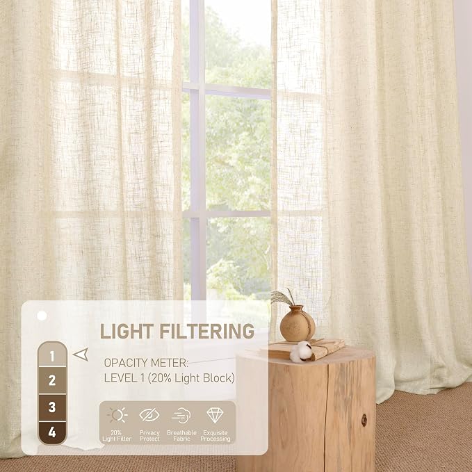 Beige Linen Sheer Curtains for Living Room 78 Inch Length 2 Panels | Faux Linen Textured, Light Filtering, Curtains for Bedroom, Farmhouse, Porch, Bronze Grommet, Boho Panels, 52 x 78 Inch