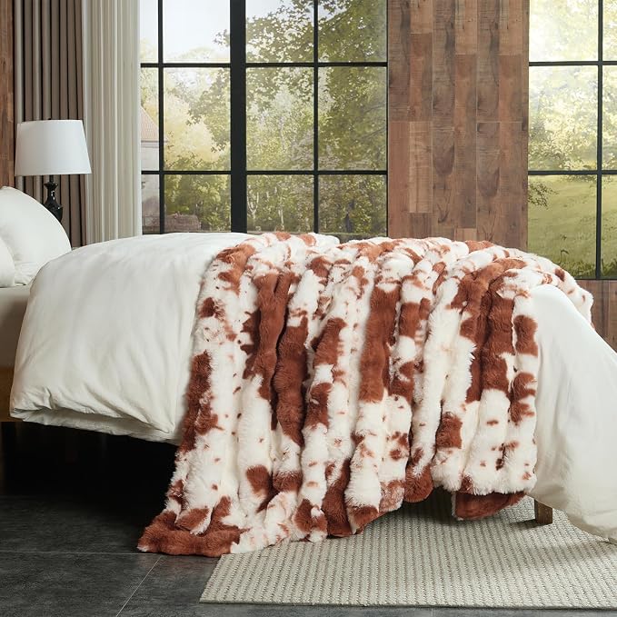 Lotus Karen Faux Fur Throw Blanket Cow Print-Light Brown, Fluffy Fuzzy Plush Bubble Blanket for Couch, 108x90 Inches Cozy Shaggy Rabbit Blanket, Luxury Decorative Gifts for Sofa Bedroom Living Room.
