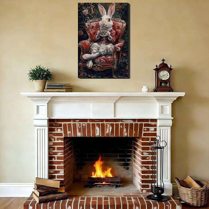 Noble Gentleman Easter Rabbit Canvas Print, Vintage Framed Bunny Art for Office Wall Decor, Victoria Spring Canvas Art Pictures for Living Room Hallway Holiday Wall Decoration