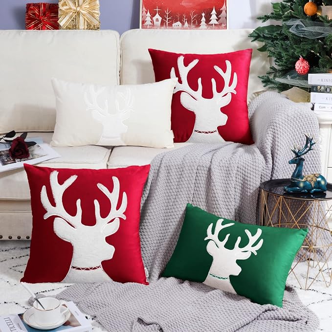 BRAWARM Christmas Pillow Cover 20 X 20 Inches, Christmas Red Reindeer Embroidered Pillow Cover, Soft Velvet Decorative Throw Pillow for Couch Bed Sofa Living Room Home