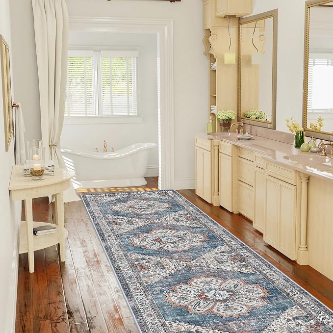Washable Kitchen Runner Rug 2'6''x12' - Non-Slip Hallway Entryway Rugs with Rubber Backing Soft Thin Carpet for Bathroom Vintage Stain Resistant Indoor Home Decor Mat for Bedroom (Blue, 2'6'' x 12')