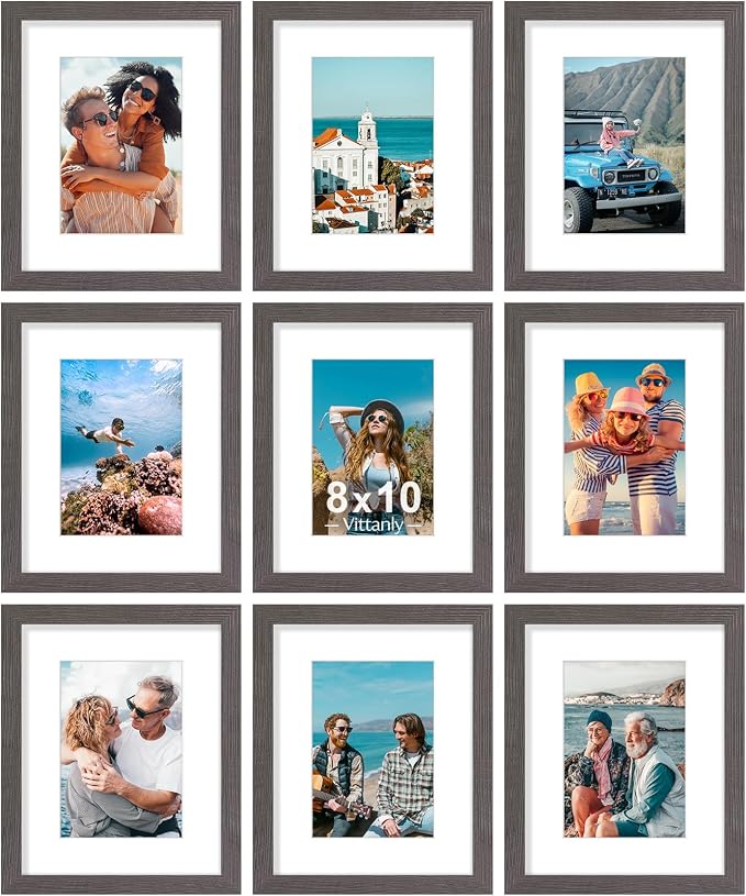 Vittanly 8x10 Picture Frames Set of 9 for Wall Mount & Tabletop, Dark Grey | Display Pictures 5x7 with Mat or 8x10 without Mat, Small Photo Frames, Engineered Wood with Shatter Resistant Plexiglass