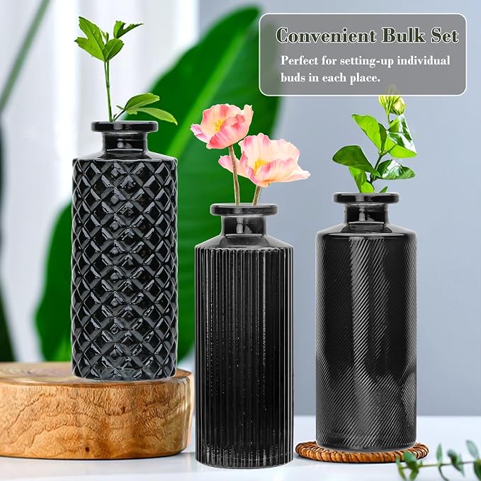 Glass Bud Vase Set in Bulk, 9pcs Mini Vintage Flower Vases | Small Vases for Centerpieces ,Black Relief Vase ,Home Table Flower Decor,Bud Vases for Wedding,Party Decorations