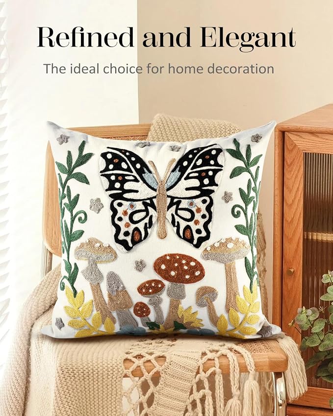 Embroidered Throw Pillow Cover - 18x18 Decorative Pillow Cover with Zipper Aesthetic Cute Design Boho Spring Summer Throw Pillowcase for Living Room Couch Sofa Bed, Butterfly Moon