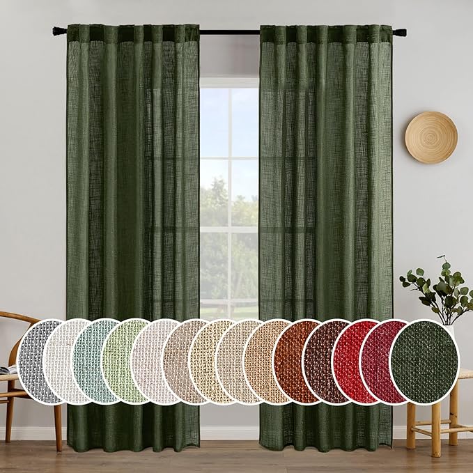 MIULEE Olive Green Linen Curtains 52x84 Inch Length for Bedroom Living Room | Soft Thick Linen Textured Window Drapes, Semi Sheer Light Filtering, Back Tab Rod Pocket,Burlap Look Christmas Decor，2 Panels