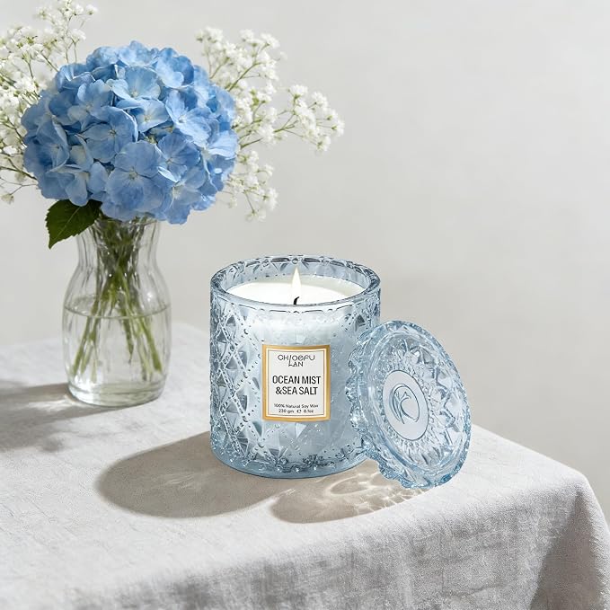 Chloefu LAN Summer California Mist Ocean & Sea Salt Candle, 8.1 oz | Luxury Air Freshening Blue Jar Candles 55 Hour Burning, Home Decor, Natural Soy Wax, Beach Candle