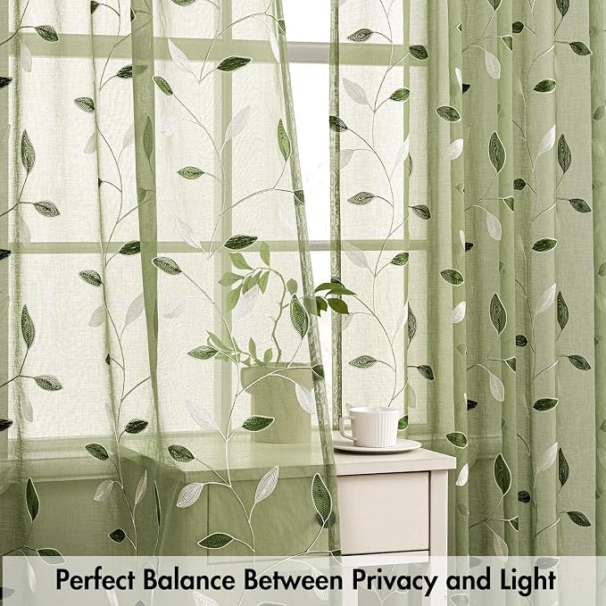 MIULEE Sage Green Sheer Curtains 2 Panels Leaf Patterned, W30 x L24 | Embroidered Floral Semi Sheer,Rod Pocket,Faux Linen,Short Window Curtains Drapes Set for Kitchen/Bathroom/Cafe