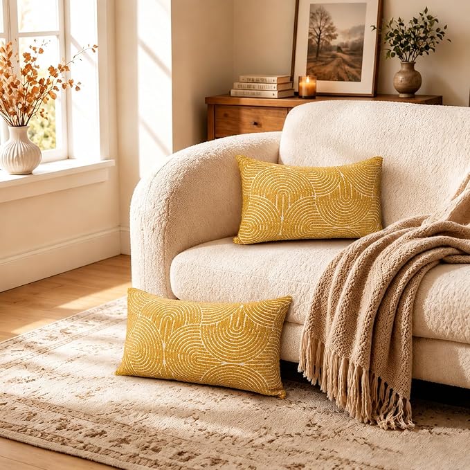 AELS Boho Decorative Textured Throw Pillow Covers 12x20, Organic Modern Mid Century Rainbow Tufted Pillow Case, Farmhouse Rustic Geometric Woven Cushion Case for Bed Couch Sofa, Mustard Yellow