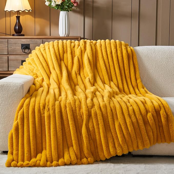 NEWCOSPLAY Faux Fur Ribbed Twin Blanket for Couch, Mustard Yellow, 60"x80" | Plush Soft Thick Warm Blanket for Couch Sofa Bed 850GSM, Fluffy Cozy Luxury Decorative Throw, Gift for Women Men