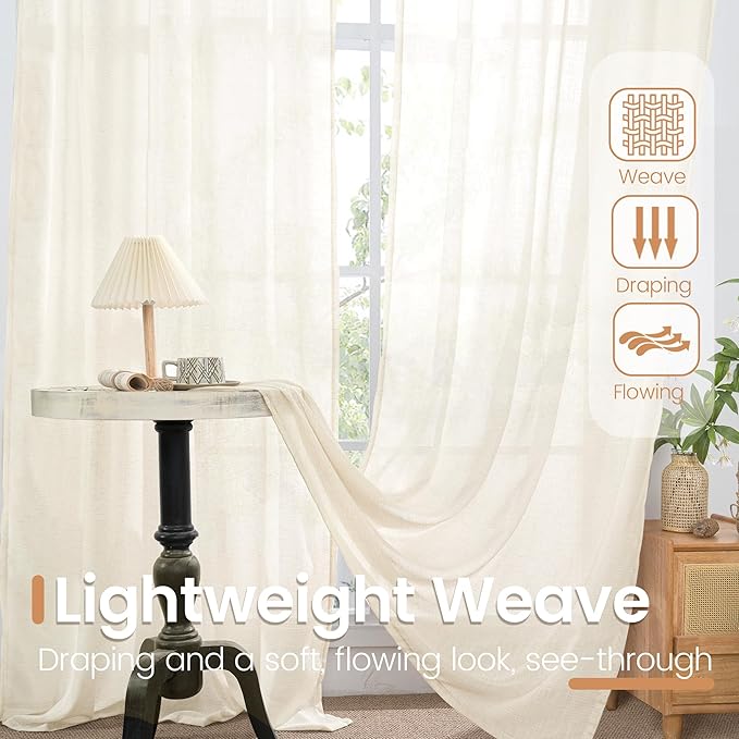 BGment Ivory Linen Curtains 45 Inches Long for Short Bedroom - Semi Sheer Light Filtering Window Drapes with Rod Pocket Textured Lightweight for Dining Living Room, 2 Panels Set, Each 42 Inch Wide
