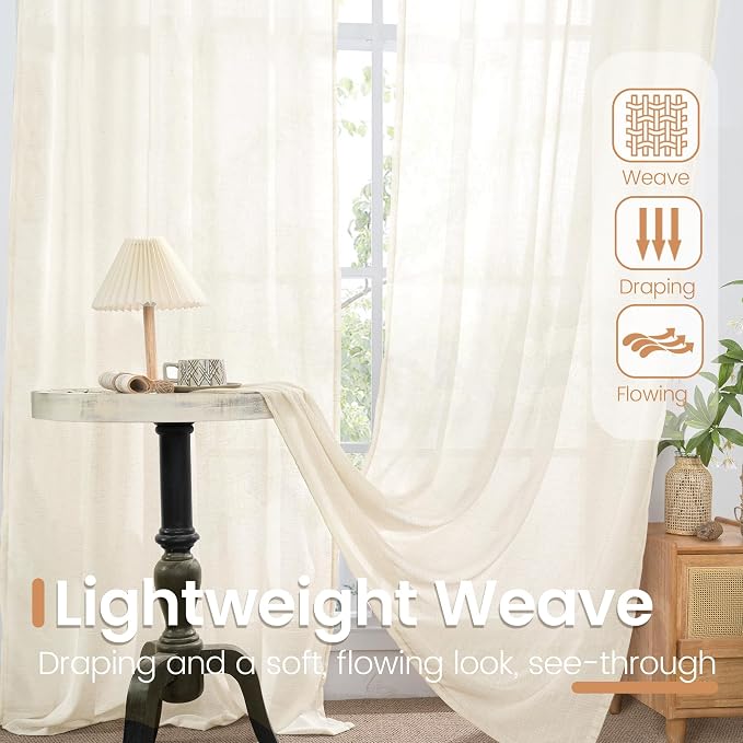 BGment 96 Inches Long Ivory Linen Curtains for Living Room 2 Panels | Semi Sheer Drapes Light Filtering with Rod Pocket Textured Lightweight Window Treatments for Bedroom, 52 X 96 Inch