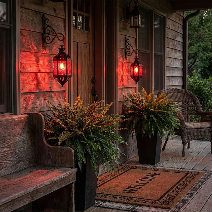 Vela Lanterns Hanging Moroccan Lamp - Exotic Decorative Patio & Porch Decor, Indoor Outdoor Tea Light Candle Lantern Holder with Chain (11" Medium, Red Glass)