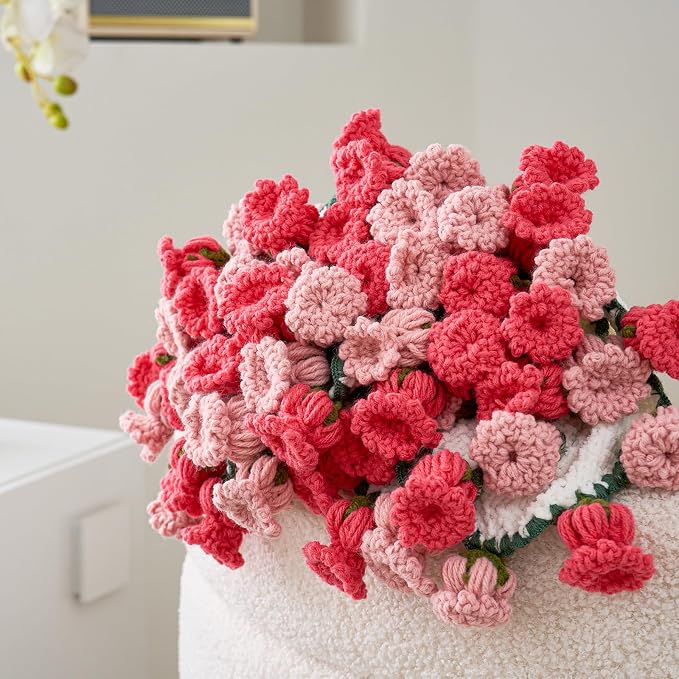 Crochet Flower Bouquet Throw Blanket, Handmade Knitted Blanket with Flowers, Cute Romantic Gift for Her Girlfriend Mom Mother’s Day Valentine Wedding Anniversary Birthday, Pink 60 Inches