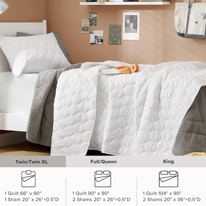 Comfort Spaces Kienna Twin Quilt Bedding Set 2 Piece, 66"x 90" White Ogee | Soft Cozy Lightweight Summer Twin XL Coverlet for College Dorm, Quilted Extra Layer, Modern Casual Bedroom Decor, OEKO-TEX